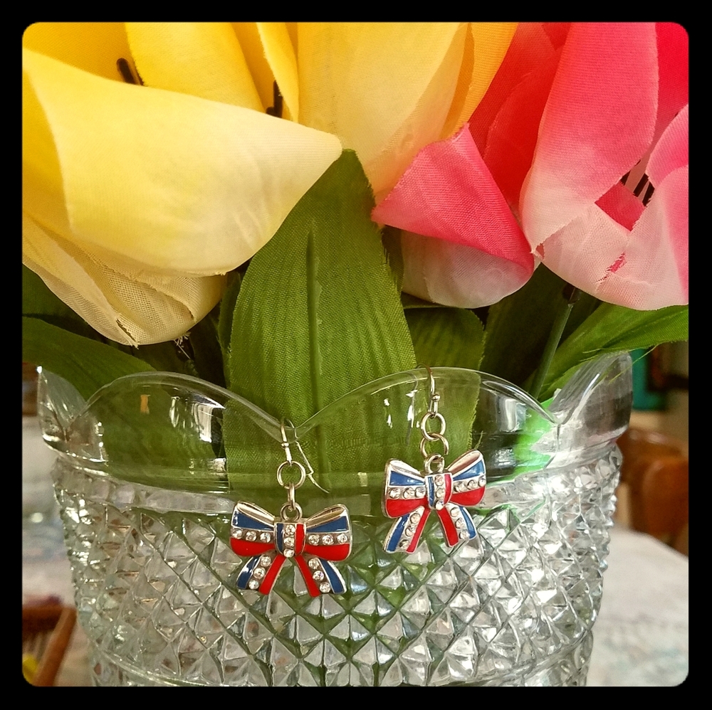 Patriotic rhinestone bow earrings